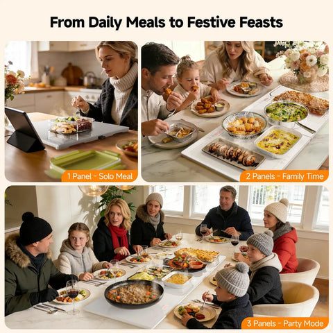 Extra Long Buffet Warming Tray Set 47 By 15 Inches 3 In 1 Modular Warmer With Independent Temperature And Timer Controls Glass Heat Mat For Catering And Big Gatherings in use at family gatherings