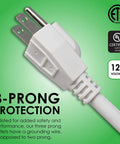 Close-up of plug on Long Reach 50 Foot 6 Outlet Surge Protector Power Strip With Lighted On And Off Switch 350 Joules 15 Amp 120 Volt 14 Gauge Wire.