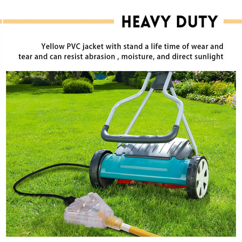 25 Ft Lighted Outdoor Extension Cord With Three Outlets connected to lawn mower in garden, yellow 14/3 SJTW cable, three prong plug