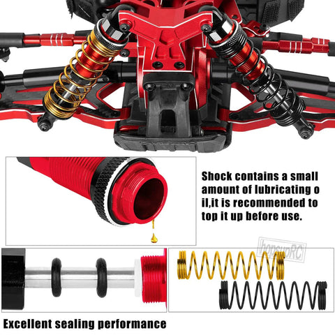 Granite And Senton 1/10 3S 4x4 RC Upgrade Parts Kit with red aluminum shocks, springs, and lubrication advice.