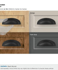 Rock Solid Traditional Cup Pull Handle In Slick Black Bronze Finish For Kitchen Cabinets And Vanity Drawers displayed in four color options.