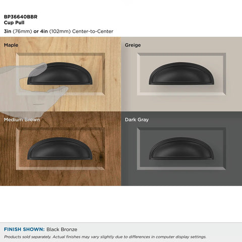 Rock Solid Traditional Cup Pull Handle In Slick Black Bronze Finish For Kitchen Cabinets And Vanity Drawers displayed in four color options.