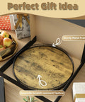 Slick Sixteen Inch Round Wooden Lazy Susan Turntable Organizer For Smooth Kitchen Countertop with metal frame and wooden surface.