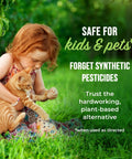 Child holding a cat in a grassy area with text about safety for kids and pets, promoting natural alternatives for pest control.