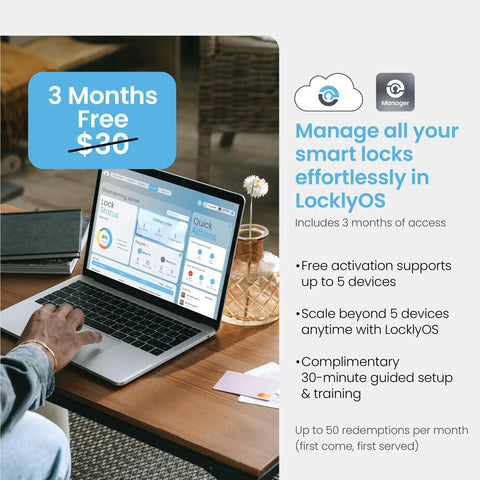 Heavy Duty Commercial Smart Deadbolt 10 Pack Fire Rated Keypad Lock management on laptop showing LocklyOS interface and free offer.