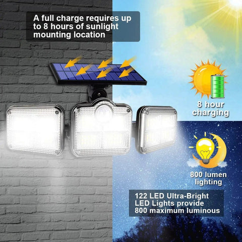 Heavy Hitter Solar Motion Sensor Light With Three Swivel Heads And Solid IP65 Water Resistant Build For Serious Yard Security On Your Driveway Patio Or Garage Wall with solar panel and LED details