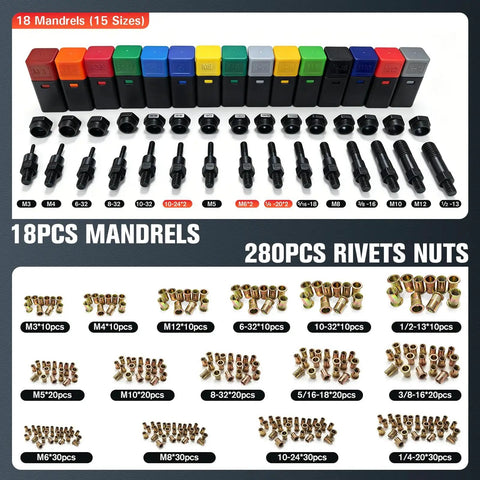16 Inch Rivet Nut Gun Kit With 15 SAE And Metric Mandrel Sizes, 18 Mandrel Sets, 280 Rivet Nuts assorted sizes organized