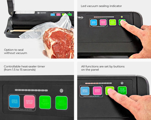 Vacuum Sealer Machine CPVS 290R Heavy Duty with control panel, LED indicators, sealing bag with meat, and operation buttons.