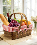 Dual Size Picnic Basket Set With Double Folding Handles 16 Inch Woodchip Woven Basket With Removable Red And White Liner filled with food