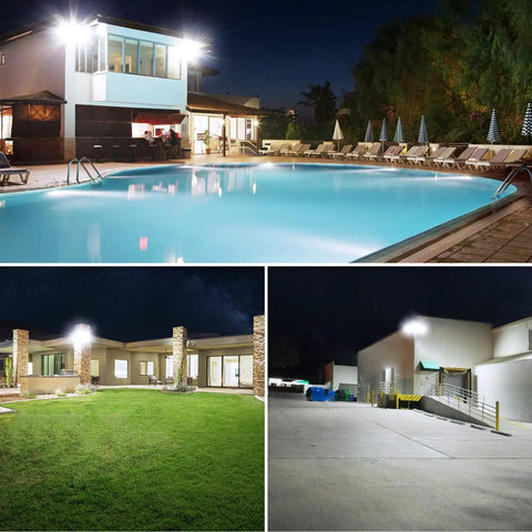 Rock Solid 150W Led Outdoor Security Flood Light 15000 Lumens IP65 Waterproof illuminating pool area and backyard at night.