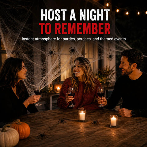 Epic Halloween Fake Spider Webs With 200 Square Feet Of Stretchable Yard Netting And Twenty Realistic Creepy Crawlers For Indoor Outdoor Home Party Decor, seen in a cozy gathering.