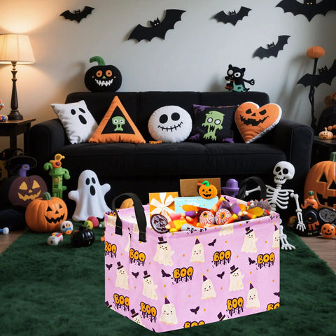 Lowkey Spooky Purple Ghost Storage Basket With Heavy Duty Cotton Linen Handles Dope Collapsible Organizer For Halloween Candy Toys Bedroom Closet Shelf Vibe Refresh filled with candy, placed in a festive room.