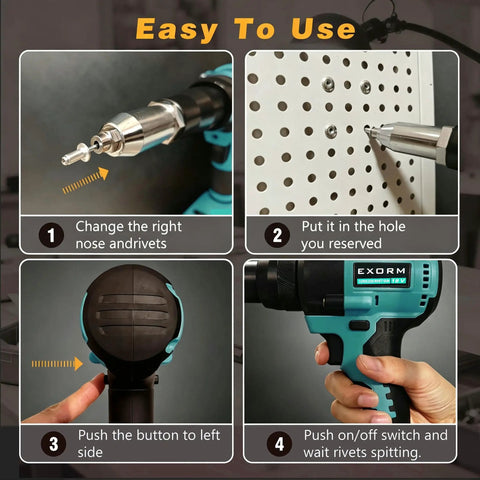 Cordless Brushless Rivet Gun Handles Heavy Duty Jobs Seamless Operation with action steps for use and adjusting rivet tips.