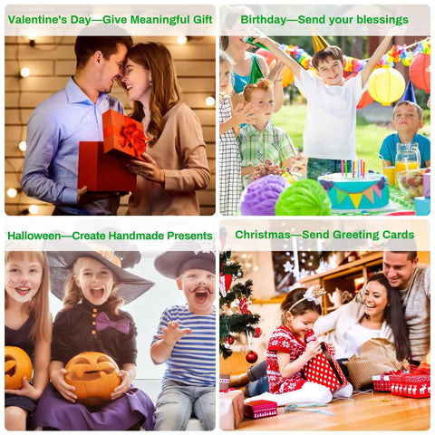 Collage of celebrations: Valentine’s Day gifting, kids at birthday parties, Halloween costumes, and Christmas card exchanges with family.