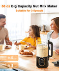 Family enjoying breakfast with 50 Oz Nut Milk Maker Machine Ten In One Automatic Plant Based Milk Maker on kitchen counter