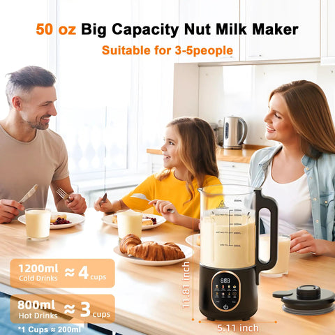 Family enjoying breakfast with 50 Oz Nut Milk Maker Machine Ten In One Automatic Plant Based Milk Maker on kitchen counter