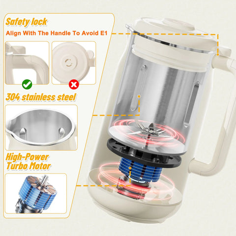 10 In 1 Automatic Nut Milk Maker With 42 Oz Capacity For Almond Soy Oat And Plant Based Milks And Juices Dairy Free Beverages With LED Panel Delay Start Keep Warm And Self Clean showing internal components and safety lock