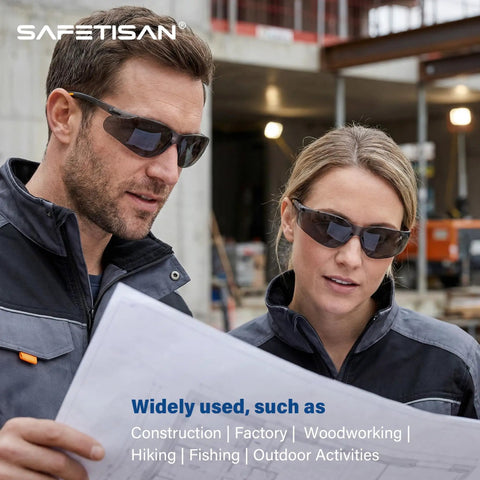 Top Shelf Tinted Safety Glasses 24 Bulk Pack With Ansi Z87.1 Rating And Kickass Uv Protection For Hard Shift Construction Crews Smoke Grey Impact, worn by two professionals reviewing plans.