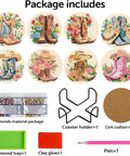 8 Pcs Cowboy Boots Diamond Art Coaster Kit For Adults Beginners DIY Craft Lovers with holder, cork pads, pen, tray, glue, extra diamonds.