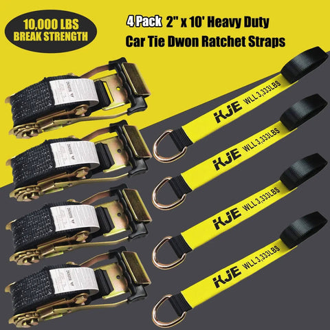 Four Pack Car Tie Down Straps For Trailers With Flat Hooks Two Inch By Ten Foot 10000 Lbs Break Strength Beefy Heavy Duty