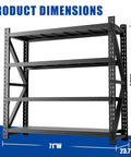 Heavy Duty Steel Shelving Rack With 4 Adjustable Bays Holding 4000 Pounds Capacity Built Like A Tank For Rugged Garage And Workshop Storage Solutions Measuring 69 By 71 By 23 Inches with dimensions displayed.