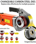 Heavy Duty Electric Pipe Threader Featuring A Badass 2300 Watt Motor And Six Replaceable Dies For One Half To Two Inch Galvanized Steel Pipes showing carbon steel dies and forged aluminum parts.