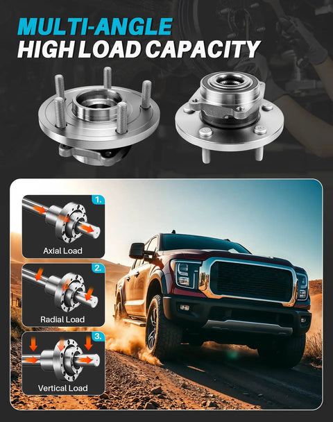 Two Piece Front Wheel Bearing Hub Assembly Set Compatible With Dodge Journey 2009 To 2020 showing multi-angle load capacity and design details.