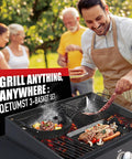 Man grilling with Small Nonstick 3 Piece Grill Basket Set for Vegetables Seafood and Meat, perfect for BBQ on charcoal and gas grills.