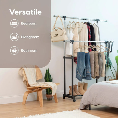 Heavy Duty Double Rod Clothes Rack With Smooth Rolling Lockable Wheels And Height Adjustable Extendable Bar in versatile use for bedroom, living room, and bathroom.