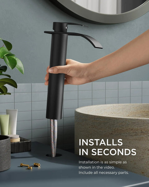 Installation of Matte Black Waterfall Bathroom Vessel Sink Faucet With Pop Up Drain Lead Free cUPC Hose Single Handle