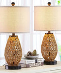 Touch Control Rattan Bedside Lamps Set Of 2 With 3 Way Dimming USB Ports And AC Outlet Wicker Nightstand Lamps For Living Room