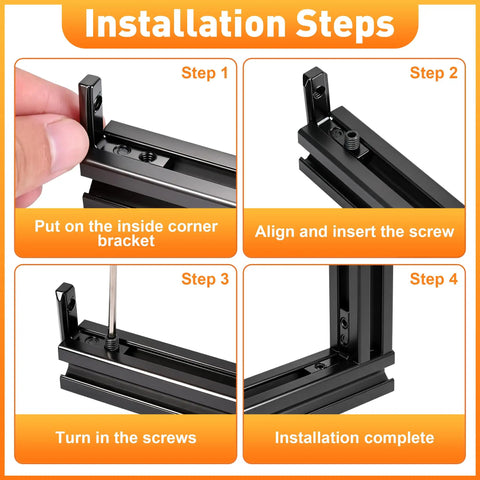 Installation steps for 24 Piece Heavy Duty Inside L Shape Connector Kit For 2020 Aluminum Extrusion Frame Hardware in black.