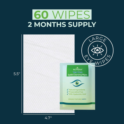 NOVEHA Tea Tree Eyelid Cleansing Wipes packet with green label, 60 wipes