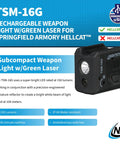 150 Lumen Rechargeable Tactical Light With Green Laser Sight For Springfield Hellcat Pistols shown with features