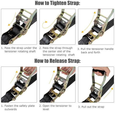 Instructions for using Heavy Duty 2 Inch Ratchet Straps Set, 20 Feet Long with Double J Hooks, 8000 Lbs Break Strength