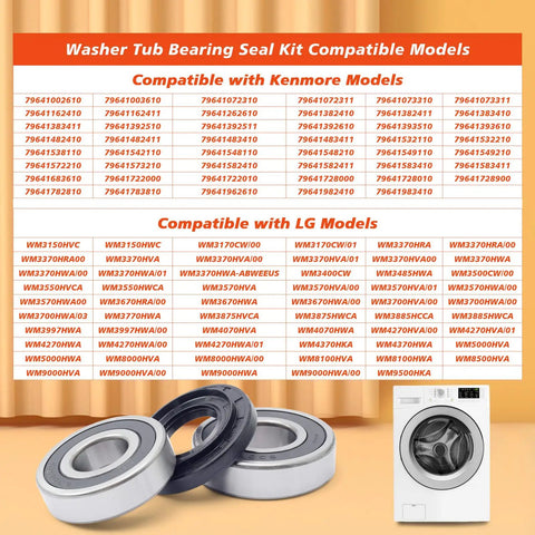 Tough As Nails Front Load Washer Tub Bearing Seal Kit Built Like Steel Solid Upgrade For LG And Kenmore Washers No Sweat Replacement For 4280En4001G Models Smooth Spin Fix Guaranteed Performance showing compatible models list.