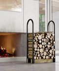 Heavy Duty Firewood Log Rack Kit With Adjustable Bracket For Indoor Or Outdoor Use, black steel holder by a fireplace