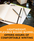 60 Count Round Stic Xtra Life Black Ballpoint Pens Deliver Top Shelf Writing With Smooth Gliding Ink on an open notebook.