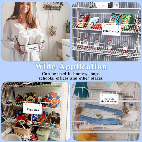 100 Pack Clear Transparent Wire Shelf Label Holders Hella Durable Plastic Snap Tags Sweet Fits Standard Price Tag Cards in use in kitchens.