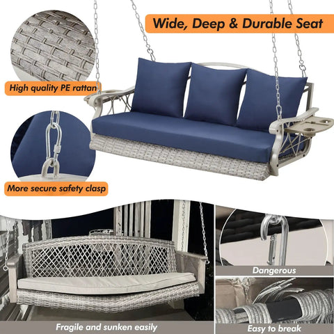 Heavy Duty 900 Lbs Porch Swing Chair For Three Folks Outdoor Rattan Patio Lounge With Cup Holder And Steel Chains Wicker