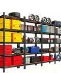 Heavy Duty Five Tier Metal Storage Rack With Adjustable Shelves For Garage Workshop Built Like A Tank Organization System Supporting Four Hundred Pounds Per Shelf Rust Proof Steel showcasing colorful storage bins and tools.