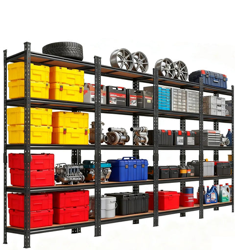 Heavy Duty Five Tier Metal Storage Rack With Adjustable Shelves For Garage Workshop Built Like A Tank Organization System Supporting Four Hundred Pounds Per Shelf Rust Proof Steel showcasing colorful storage bins and tools.