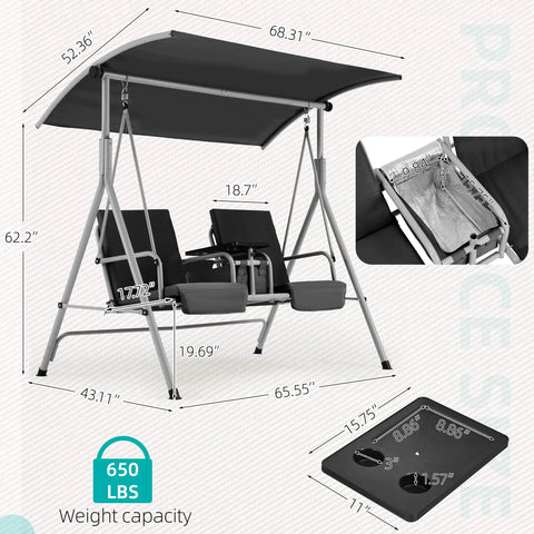 Two Seat Outdoor Porch Swing With Adjustable Canopy Heavy Duty 650 Lb Capacity Patio Swing With Pivot Storage Table And Cup Holders Cushions
