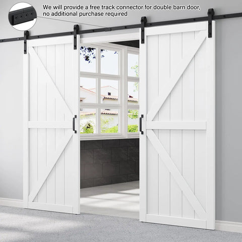 Rock Solid 72X84 K Shape Barn Door Crafted From Premium Kiln Dried MDF With Full Hardware Kit showing double doors with free track connector.