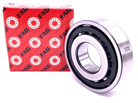 Single Row Angular Contact Ball Bearing 30X72X19 mm Top Shelf Premium Steel Open Housing next to packaging.