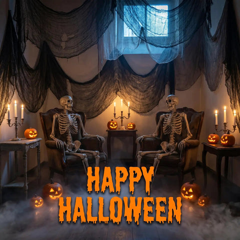 Badass Halloween Creepy Cloth Five Piece Black Pack Stretchy Cotton Fabric 30 X 72 Inch used as drapery in a spooky Halloween room.