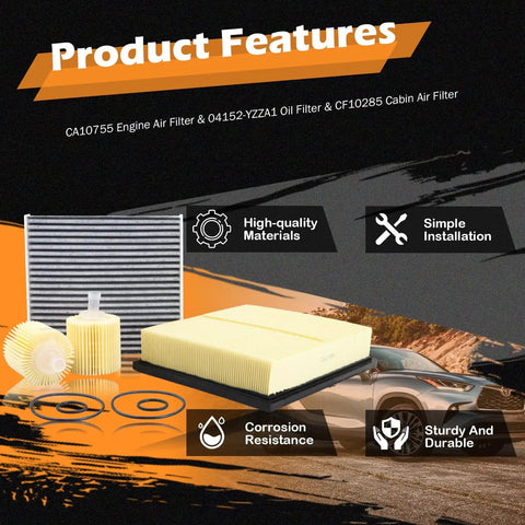 All In One Engine Air Filter Oil Filter And Cabin Air Filter Kit Fits 2012 2017 Toyota Camry Non Hybrid 2013 2018 Avalon 2011 2020 Sienna 2014 2019 Highlander And Lexus with features highlighted on packaging