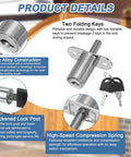 Heavy Duty Push Plunger Lock With Keys Plus Screws And Lock Rings For Drawers And Cabinets Featuring Keyed Different Security Plus Silver Finish 3/4 Inch Diameter And 1 1/4 Inch Cylinder Length To Lock Up Tight Without The Hassle close-up of zinc alloy lock with folding keys and thickened post for drawers