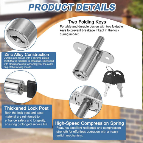 Heavy Duty Push Plunger Lock With Keys Plus Screws And Lock Rings For Drawers And Cabinets Featuring Keyed Different Security Plus Silver Finish 3/4 Inch Diameter And 1 1/4 Inch Cylinder Length To Lock Up Tight Without The Hassle close-up of zinc alloy lock with folding keys and thickened post for drawers