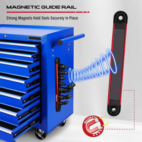 Heavy Duty Universal Joint Socket Reducer Set with magnetic aluminum rail on tool chest, showcasing secure magnetic attachment.